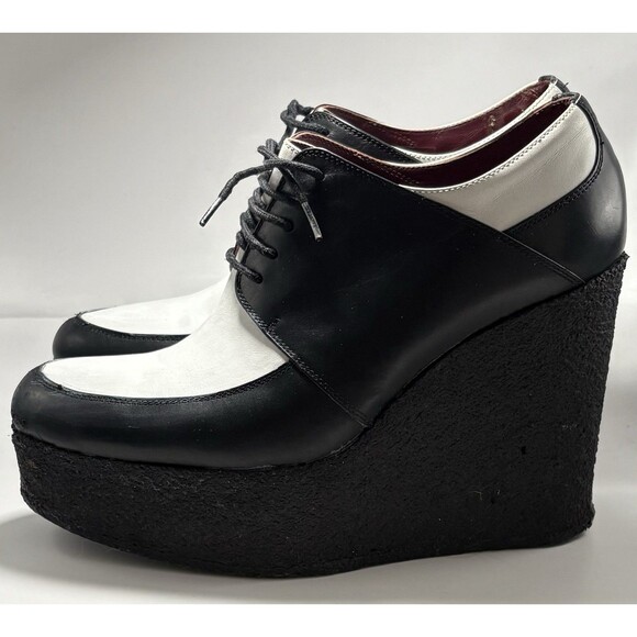 Celine Oxfords Black & White Platform Lace Up Wedge Derby Creeper Sz 39.5 9.5 - Picture 1 of 12